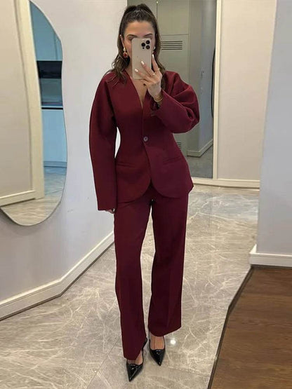 Elegant Blazer Pants Set for Women - Deep V-neck, Shoulder Pads - Buy Center UK