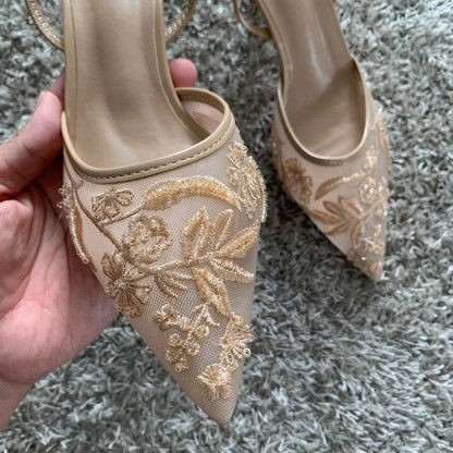 Women’s Mesh Embroidered High Heels - Slingback Pointed Toe Mules - Buy Center UK