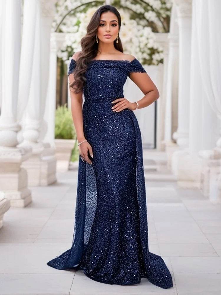Romagic Navy Blue Mermaid Gown - Off Shoulder Sequin Dress 2025 - Buy Center UK