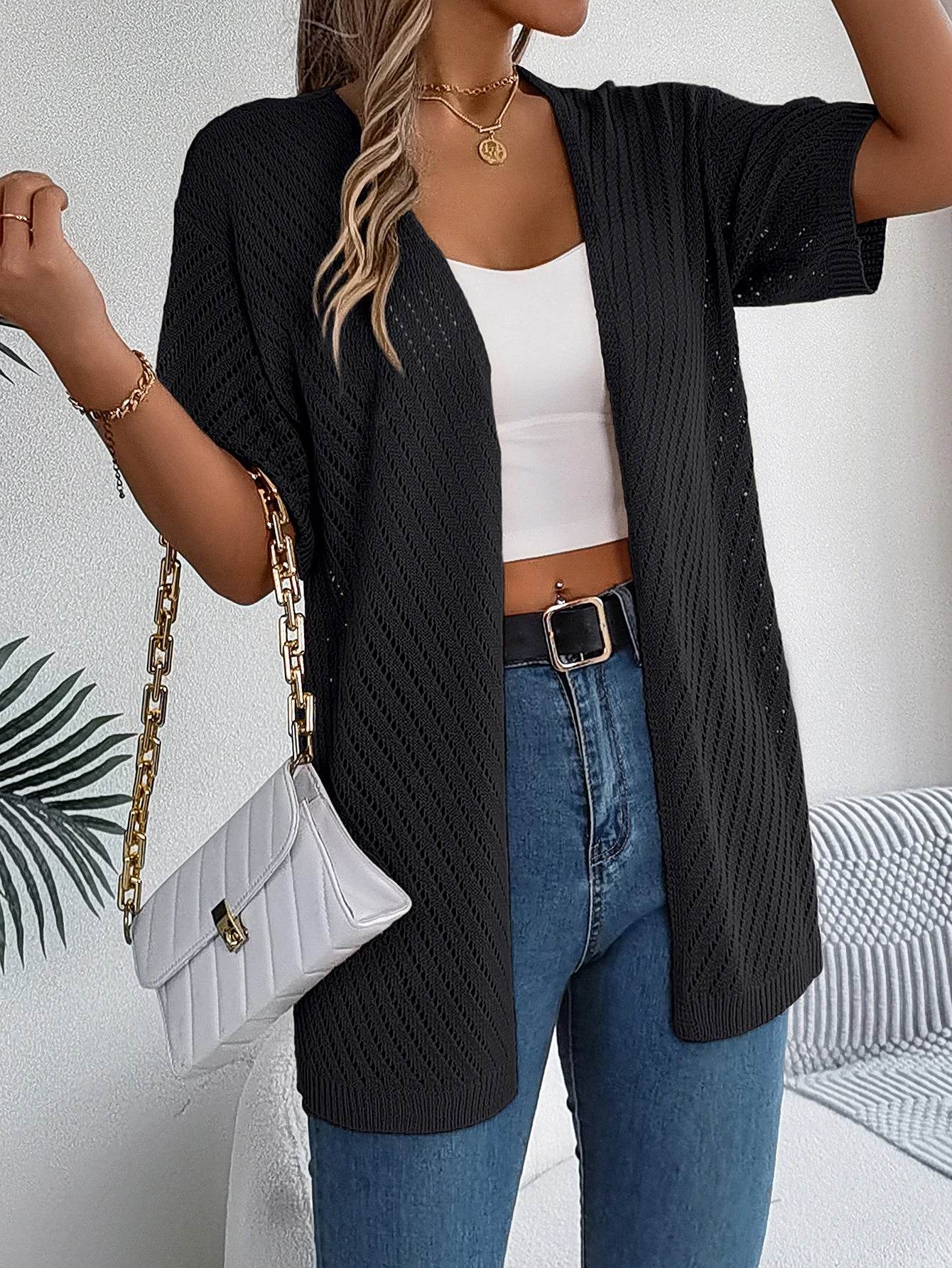 Buy Center Women's Casual Short Sleeve Knitted Cardigan - Lightweight Hollow Out - Buy Center UK