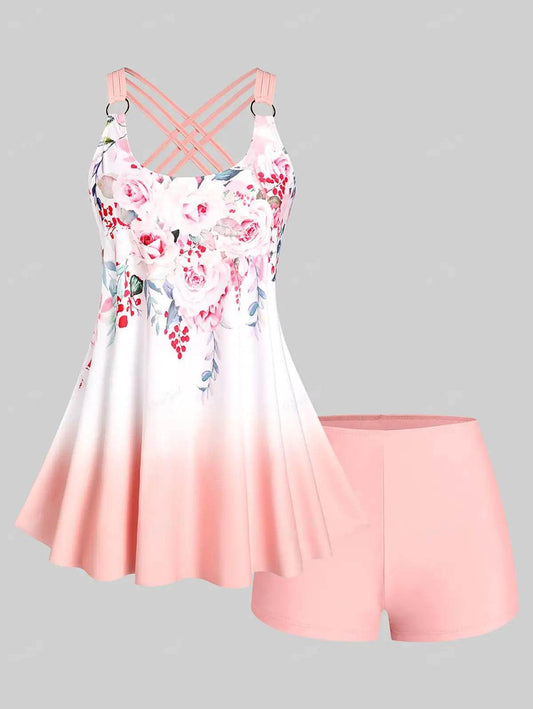 Rosegal Plus Size Ombre Floral Print Tankini Swimsuit for Women - Buy Center UK