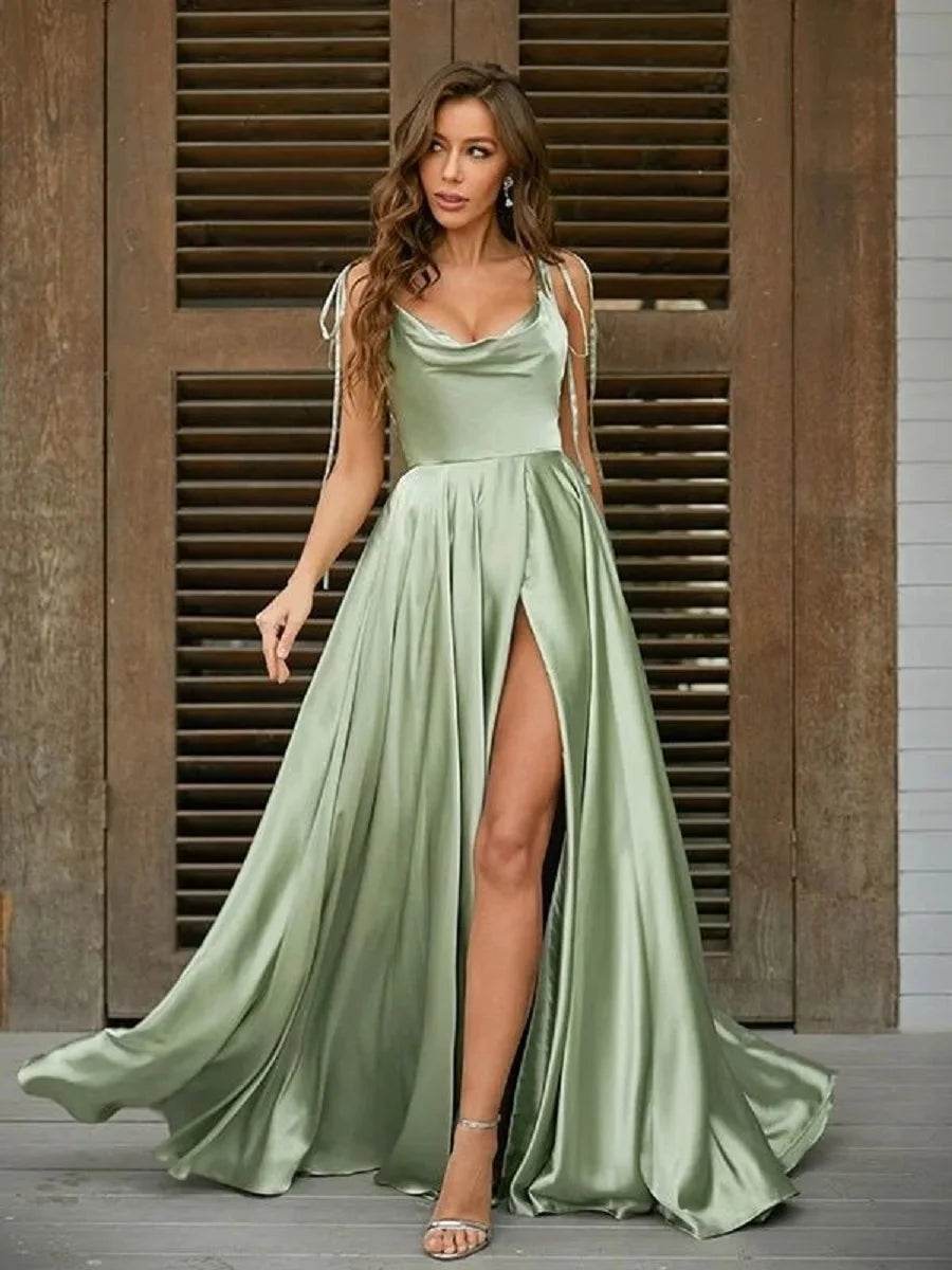 Elegant Sage Green Slip Bridesmaid Dress - A-Line, High Slit Design - Buy Center UK