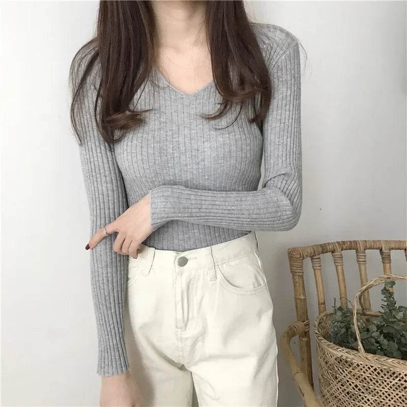 Women’s V-Neck Solid Sweater - Slim Fit Casual Knit Pullover - Buy Center UK