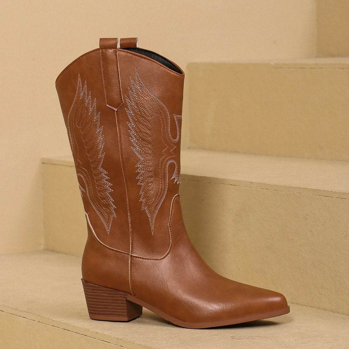 Buy Center Cowgirl High Knee Boots - Trendy Wedge Heels, Embroidery - Buy Center UK