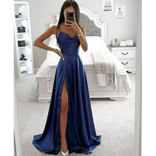 Navy Blue Spaghetti Strap A-Line Bridesmaid Dress - Elegant Satin Gown - Buy Center UK