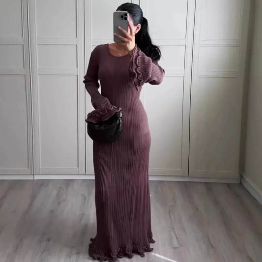 Buy Center Autumn Women's Long Sleeve Slim Fit Dress - Ruffle Accent - Buy Center UK