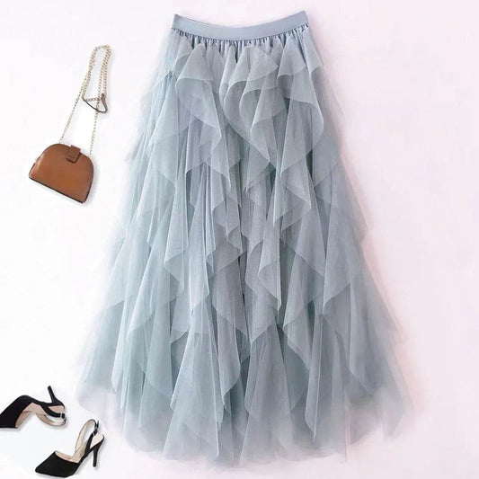 Buy Center High-Waisted A-Line Mesh Skirt - Ruffle Edge Puff Design - Buy Center UK