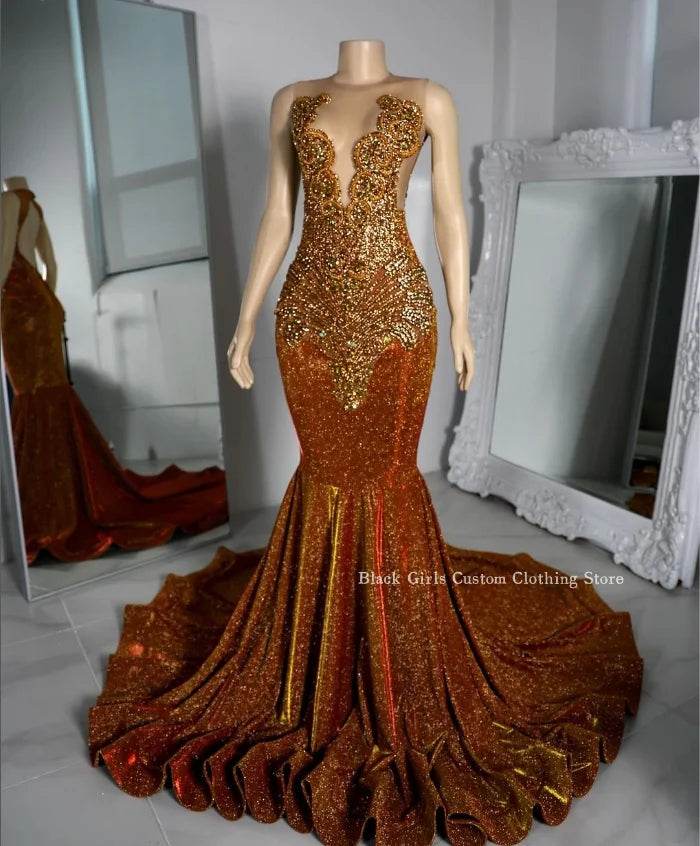 Sparkling Deep Orange Prom Dress - Custom Diamante Applique Gown - Buy Center UK