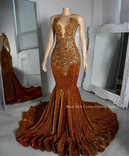 Sparkling Deep Orange Prom Dress - Custom Diamante Applique Gown - Buy Center UK