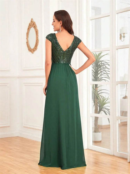 Elegant Chiffon Evening Dress - V-Neck Sequins Gown for Women - Buy Center UK