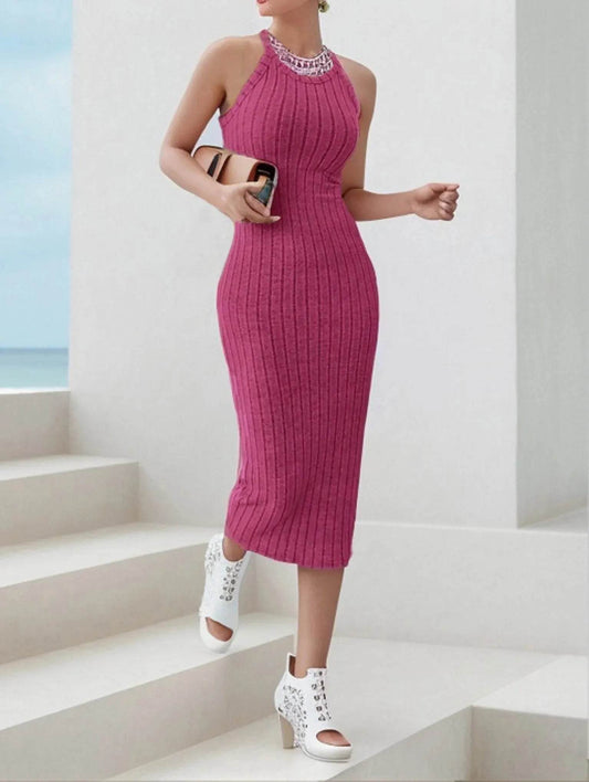 Buy Center Ribbed Midi Dress - Solid Halter Neck Bodycon Style - Buy Center UK