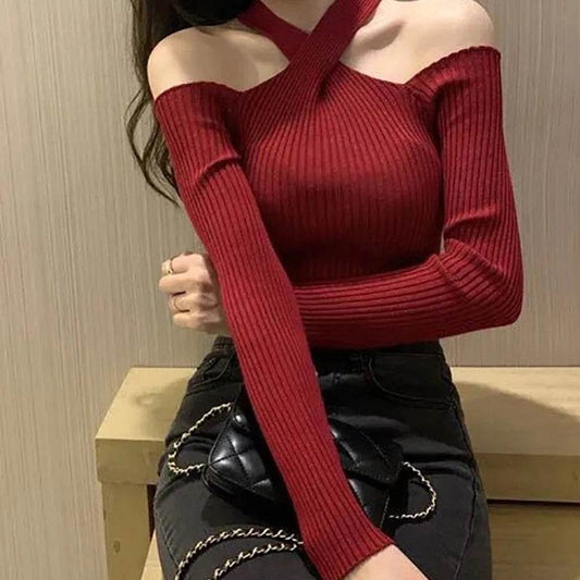 ITOOLIN Women’s Cross Neck Halter Sweater - Warm Off Shoulder Knit - Buy Center UK