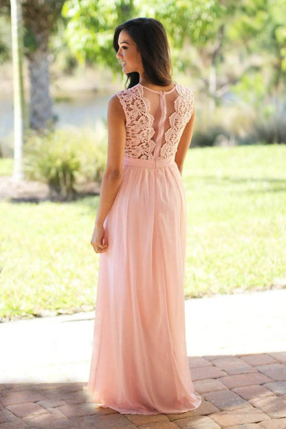Elegant Pink Bridesmaid Dress - A-Line Lace Maxi Gown - Buy Center UK