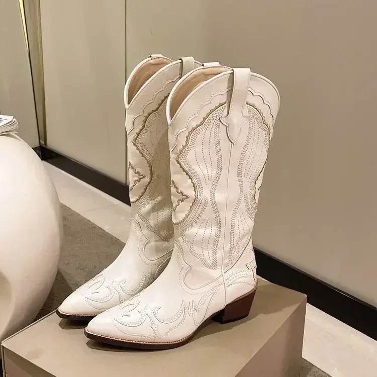 YBQJOO Vintage Square Heel Cowboy Boots for Women - Embroidered Style - Buy Center UK