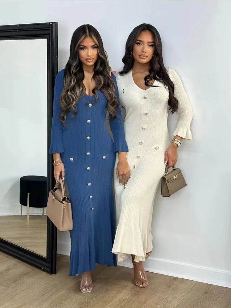 Elegant Knitted Long Dress for Women - V-Neck Flare Sleeve Style - Buy Center UK