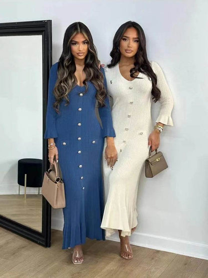 Elegant Knitted Long Dress for Women - V-Neck Flare Sleeve Style - Buy Center UK