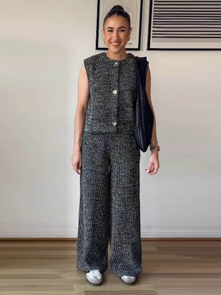 Elegant Burgundy Knitted Tank Top & Wide Leg Pants Set for Women - Buy Center UK