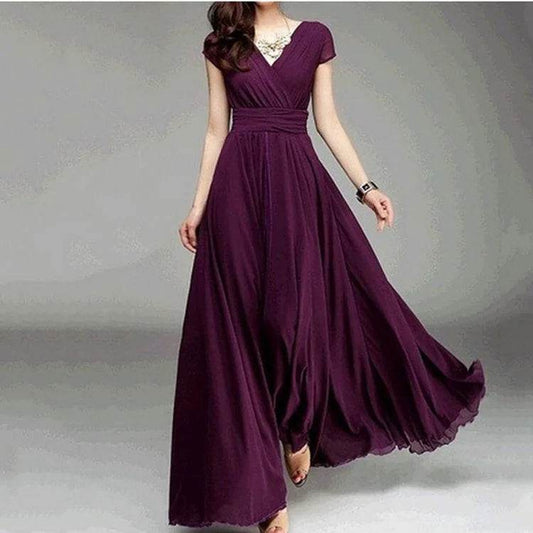 Elegant Women's Short-Sleeved Chiffon Dress - Floor-Length Bohemian Style - Buy Center UK