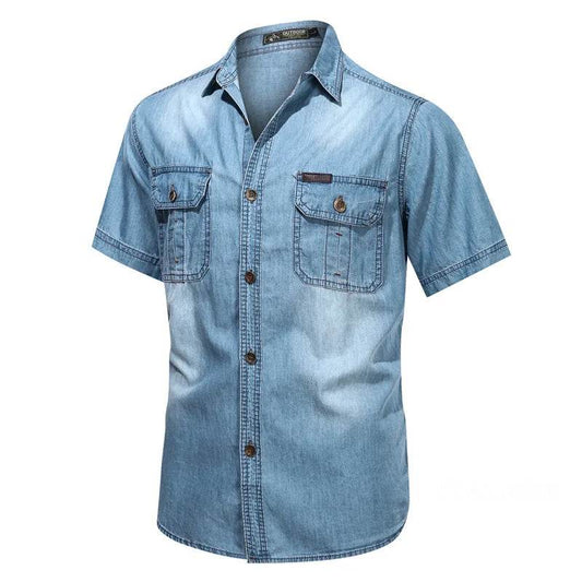 Buy Center Men’s Short Sleeve Denim Shirt - Multi Pockets, Casual Style - Buy Center UK