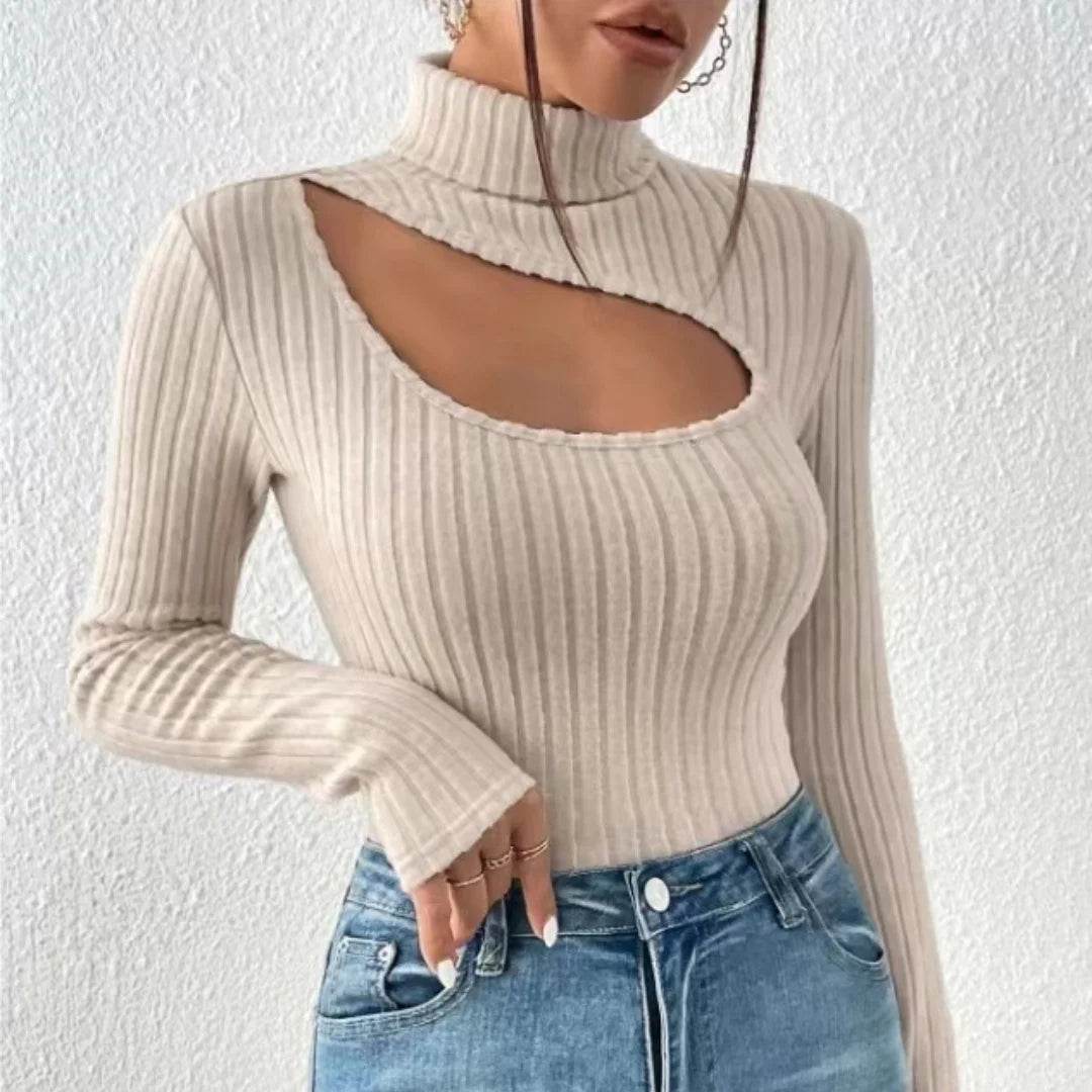 Buy Center Slim Fit Long Sleeve T-shirt - Sexy Hollow Turtleneck Top - Buy Center UK