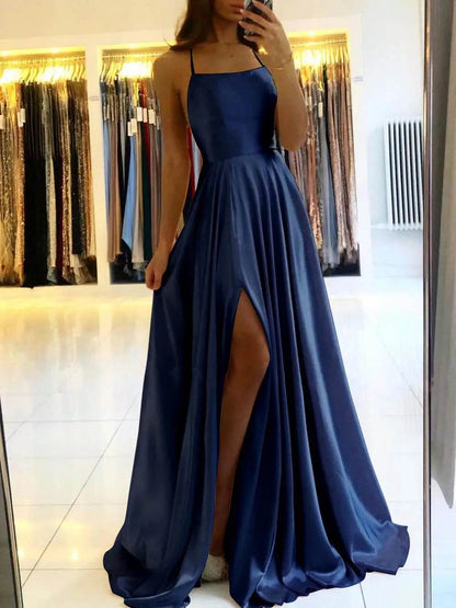 Dusty Green Satin Prom Dress - Backless Halter Neck A-Line Gown - Buy Center UK