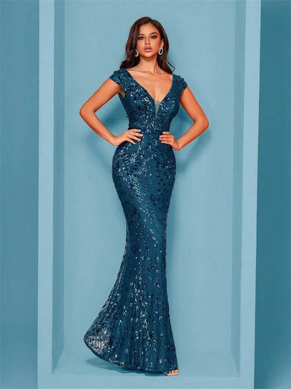 Elegant Blue Mermaid Evening Dress - Luxury Sequined Formal Gown - Buy Center UK
