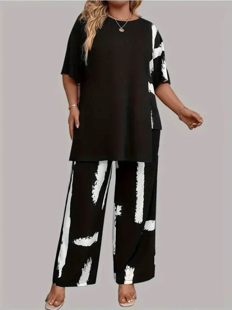 Buy Center Plus Size 2 Piece Outfit - Brush Print Top & Pants Set - Buy Center UK