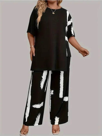 Buy Center Plus Size 2 Piece Outfit - Brush Print Top & Pants Set - Buy Center UK