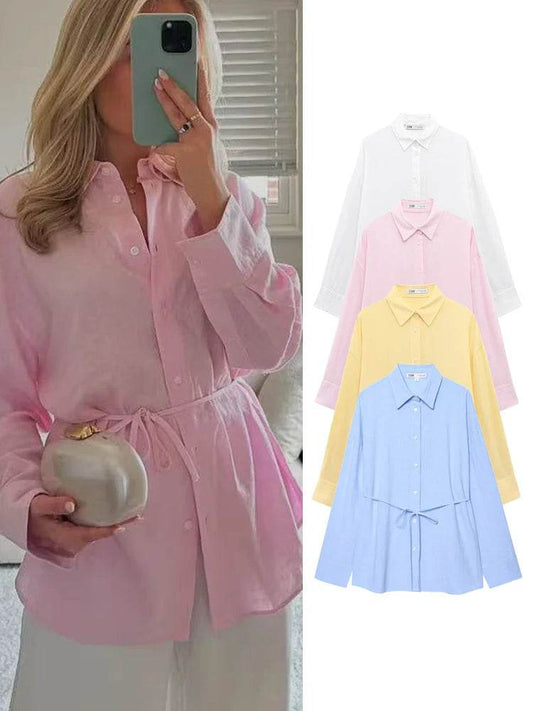 TFMLN Women's Loose Shirt with Belt - Stylish Long Sleeve Blouse - Buy Center UK