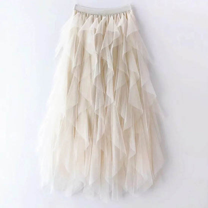 Buy Center High-Waisted A-Line Mesh Skirt - Ruffle Edge Puff Design - Buy Center UK