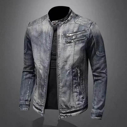 Trendy Stand Collar Zip-Up Denim Jacket for Men - Vintage Style - Buy Center UK