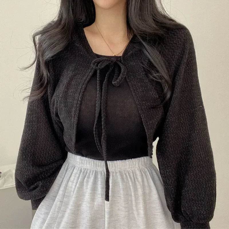 Buy Center Women’s Knitted Cardigan - Chic Lace-Up Black & White - Buy Center UK