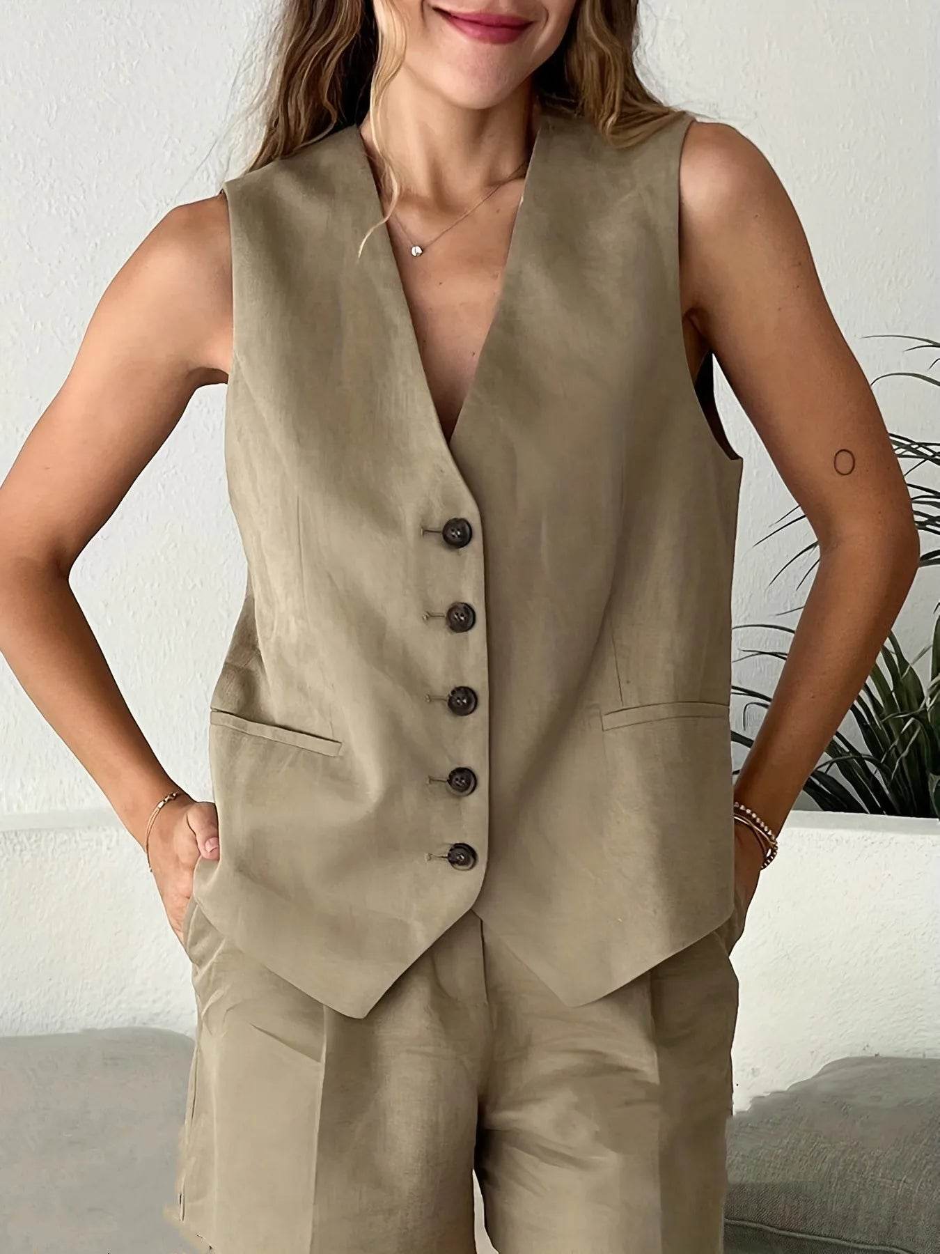 TRAFZA Casual Women Suits - V Neck Blazer & Wide Leg Shorts - Buy Center UK