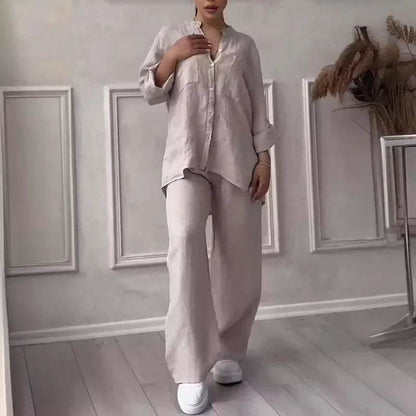 Buy Center Women's Linen Drawstring Shirt & Wide Leg Pants Set - Buy Center UK
