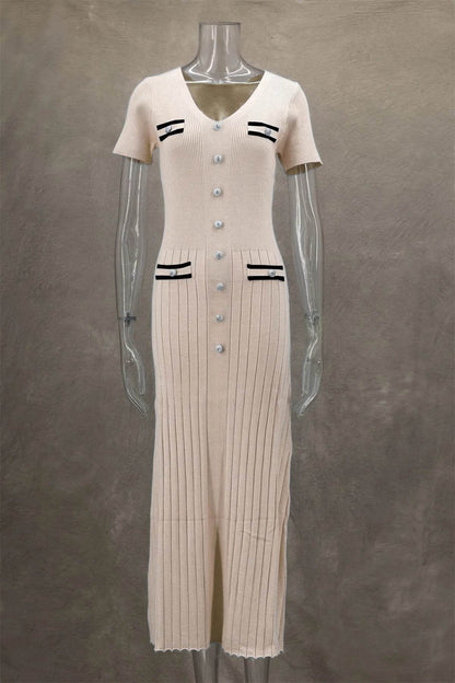 Elegant Knitted Maxi Dress - Bodycon Short Sleeve with Ruffles - Buy Center UK