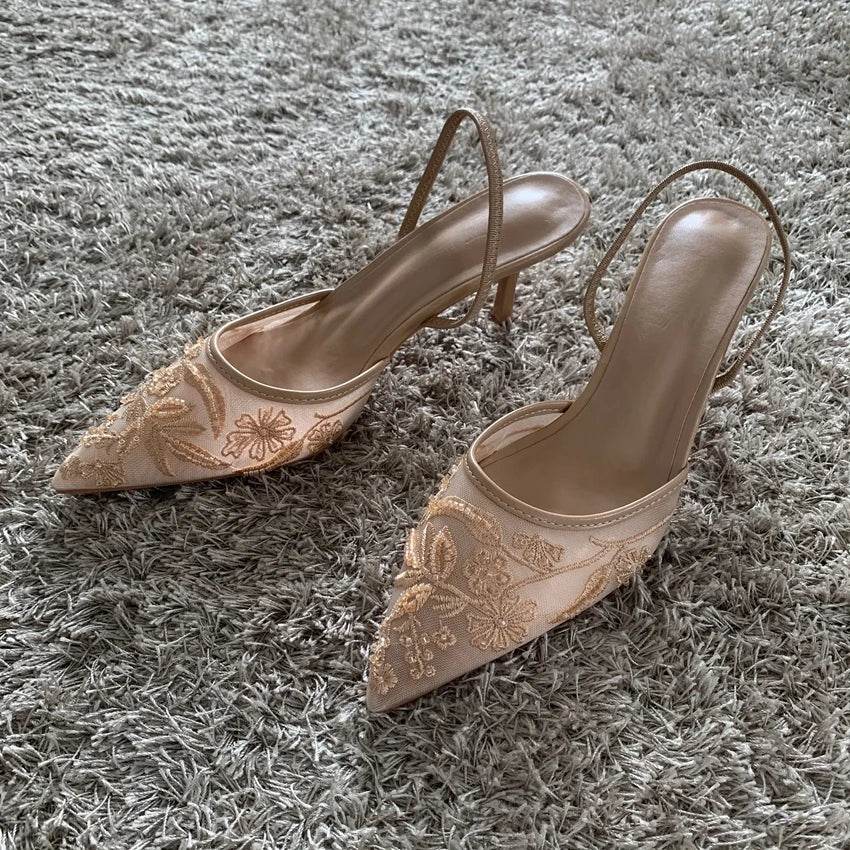 Women’s Mesh Embroidered High Heels - Slingback Pointed Toe Mules - Buy Center UK