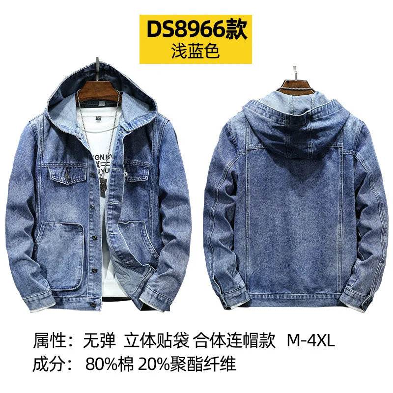 Buy Center Men’s Hooded Denim Jacket - Casual Spring Style, Pockets - Buy Center UK