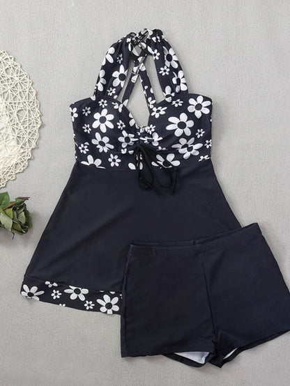 Vintage Black Flower Print Bikini Set - High Waist Crop Top Swimwear - Buy Center UK