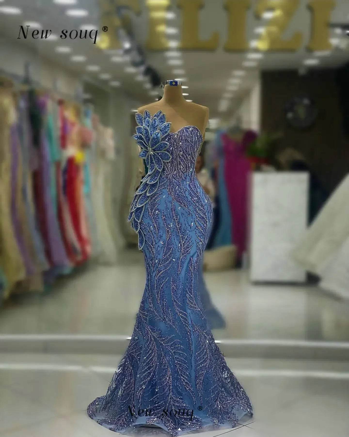 Long Blue Glitter Mermaid Evening Dress - Elegant 3D Leaf Designs - Buy Center UK