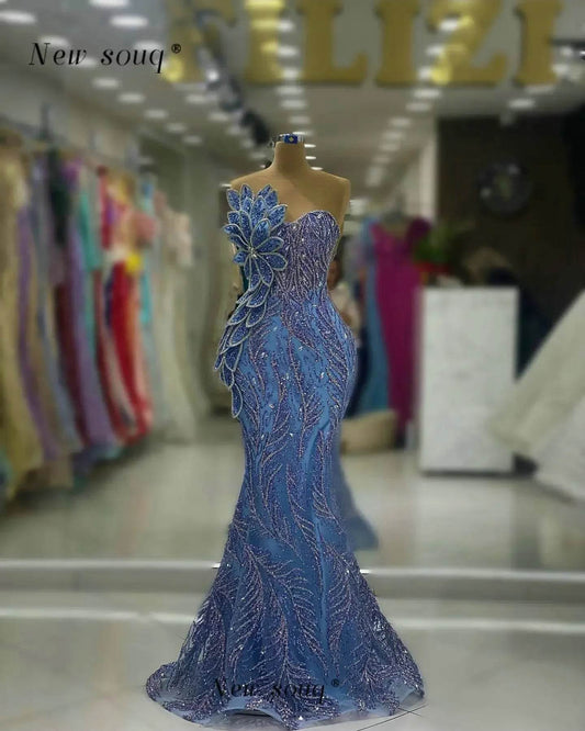 Long Blue Glitter Mermaid Evening Dress - Elegant 3D Leaf Designs - Buy Center UK