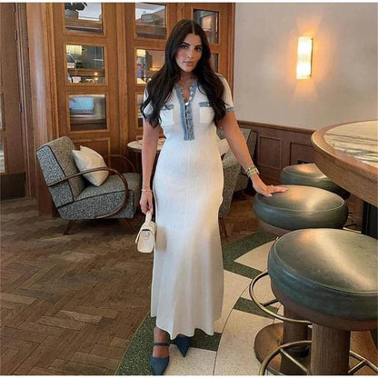 Buy Center Elegant Knit Maxi Dress - Chic O-neck with Metal Buttons - Buy Center UK