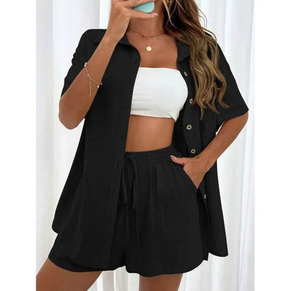 Fashion Black Short Sleeve Shirt & Shorts Set - Women's Summer Outfit - Buy Center UK