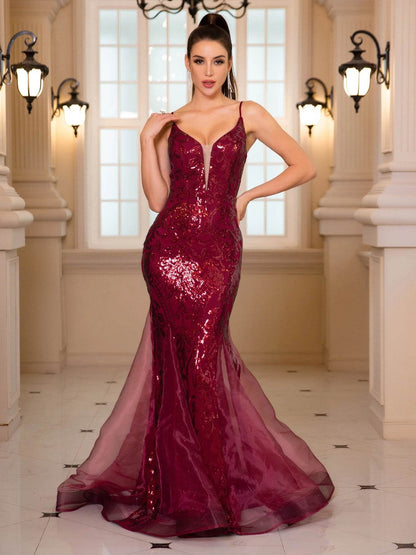 Romagic Deep V Neck Sleeveless Maxi Dress - Luxury Sequined Gown - Buy Center UK