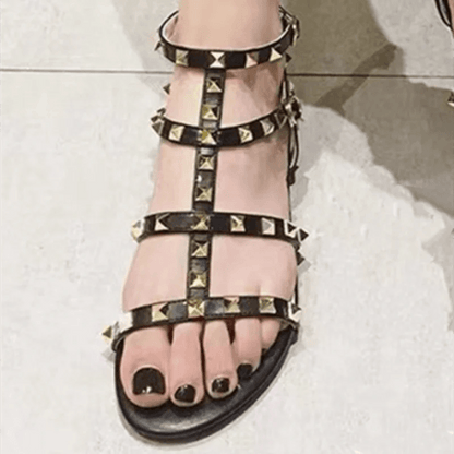 Women’s Gold Rivets Sandals - Soft Leather Flats in Purple Red - Buy Center UK