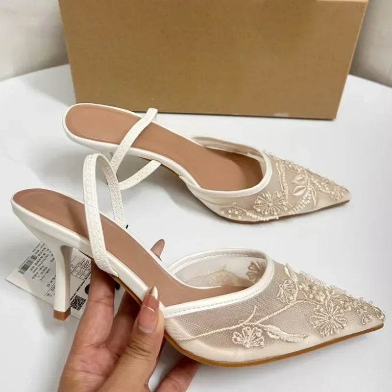 Elegant White Slingback Wedding Pumps - Embroidered Design for Women - Buy Center UK