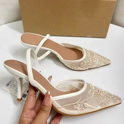 Elegant White Slingback Wedding Pumps - Embroidered Design for Women - Buy Center UK