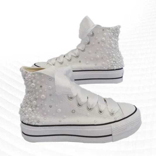 Hand-Made Pearl Rhinestone Canvas Shoes - High Top Women's Size 35-40 - Buy Center UK