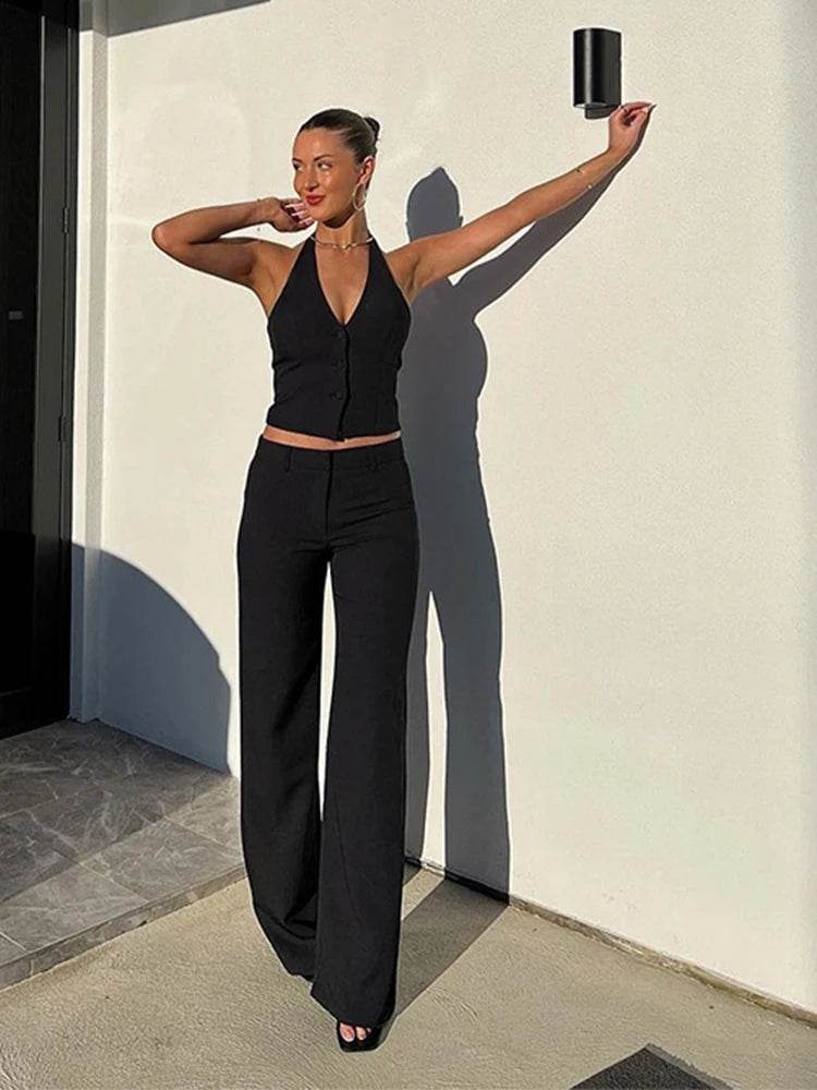 Halter Vest Coat & Wide Leg Pants Set - Chic Backless Outfit for Women - Buy Center UK