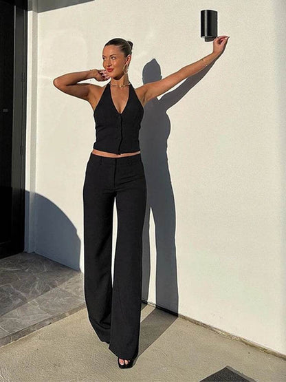 Halter Vest Coat & Wide Leg Pants Set - Chic Backless Outfit for Women - Buy Center UK