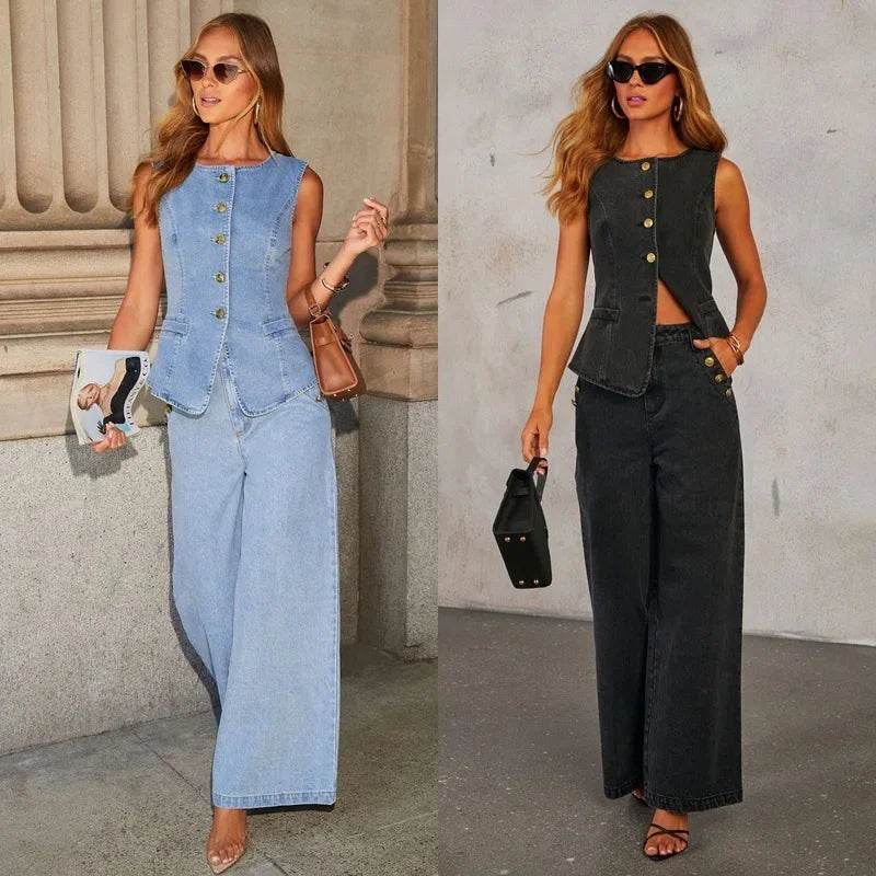 Fmxires Women's Retro Denim Vest & Wide-Leg Pants Set - Summer Style - Buy Center UK
